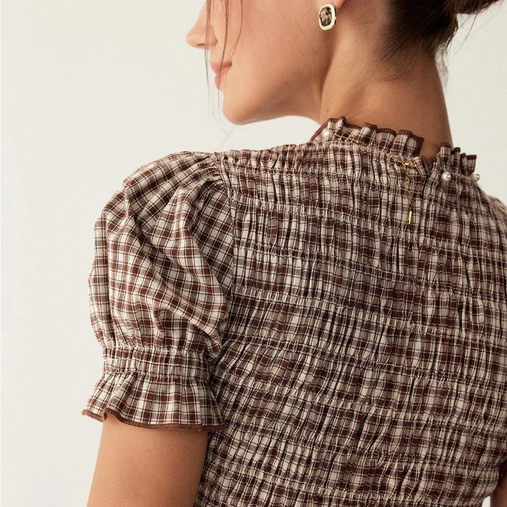 RIHOAS Coffee Plaid Puffed Sleeve Mini Dress - Picture 3 of 6